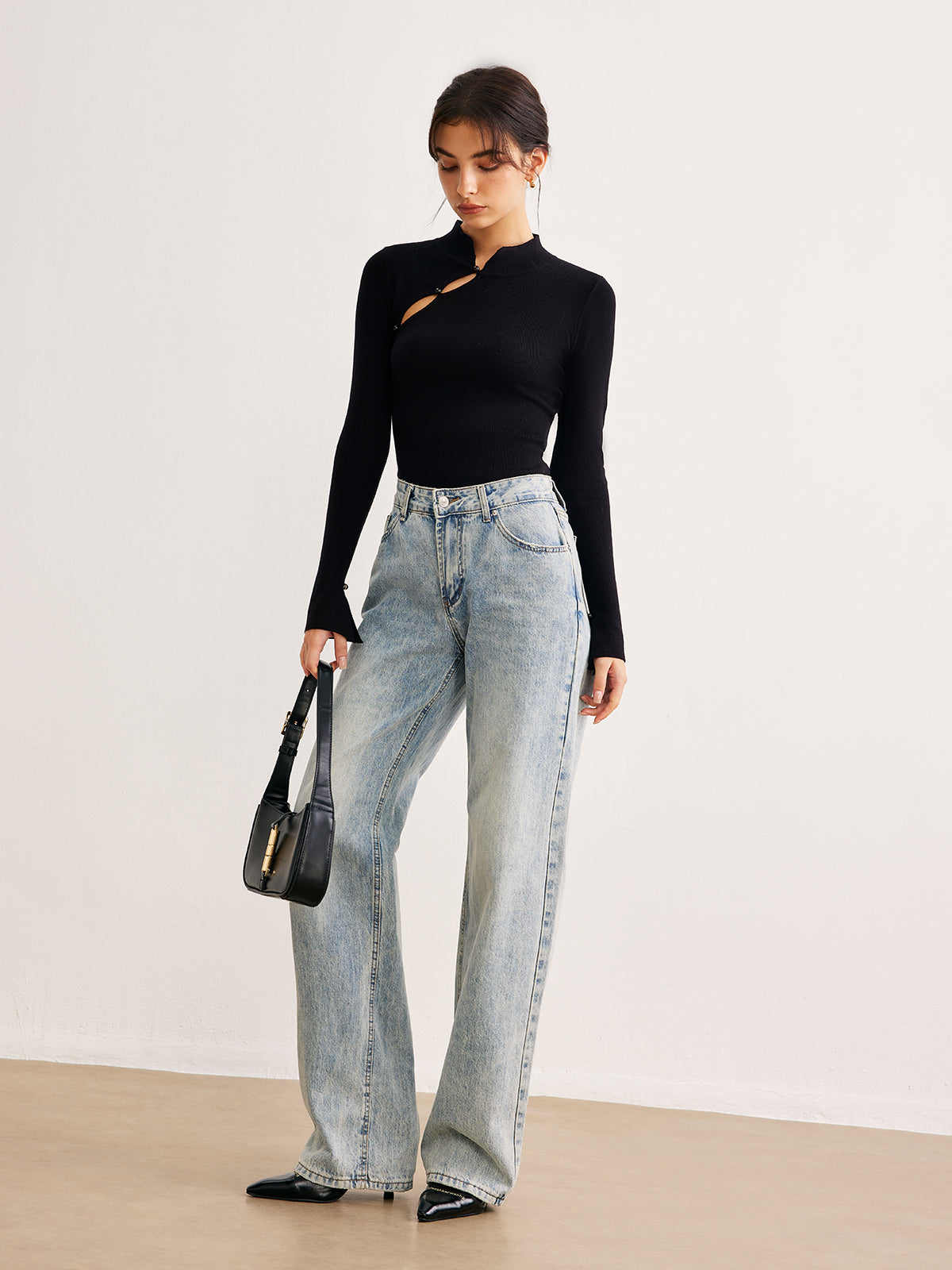 Plain Cutout Skinny Sweater-Chicvia