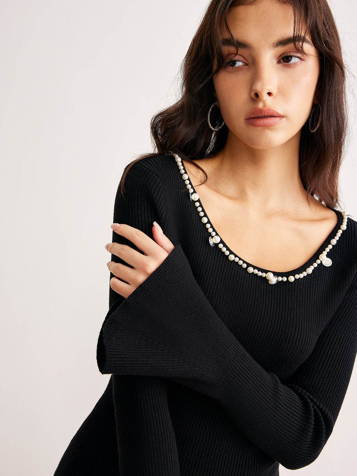 Pearl Trim Bell Sleeve Skinny Sweater-Chicvia