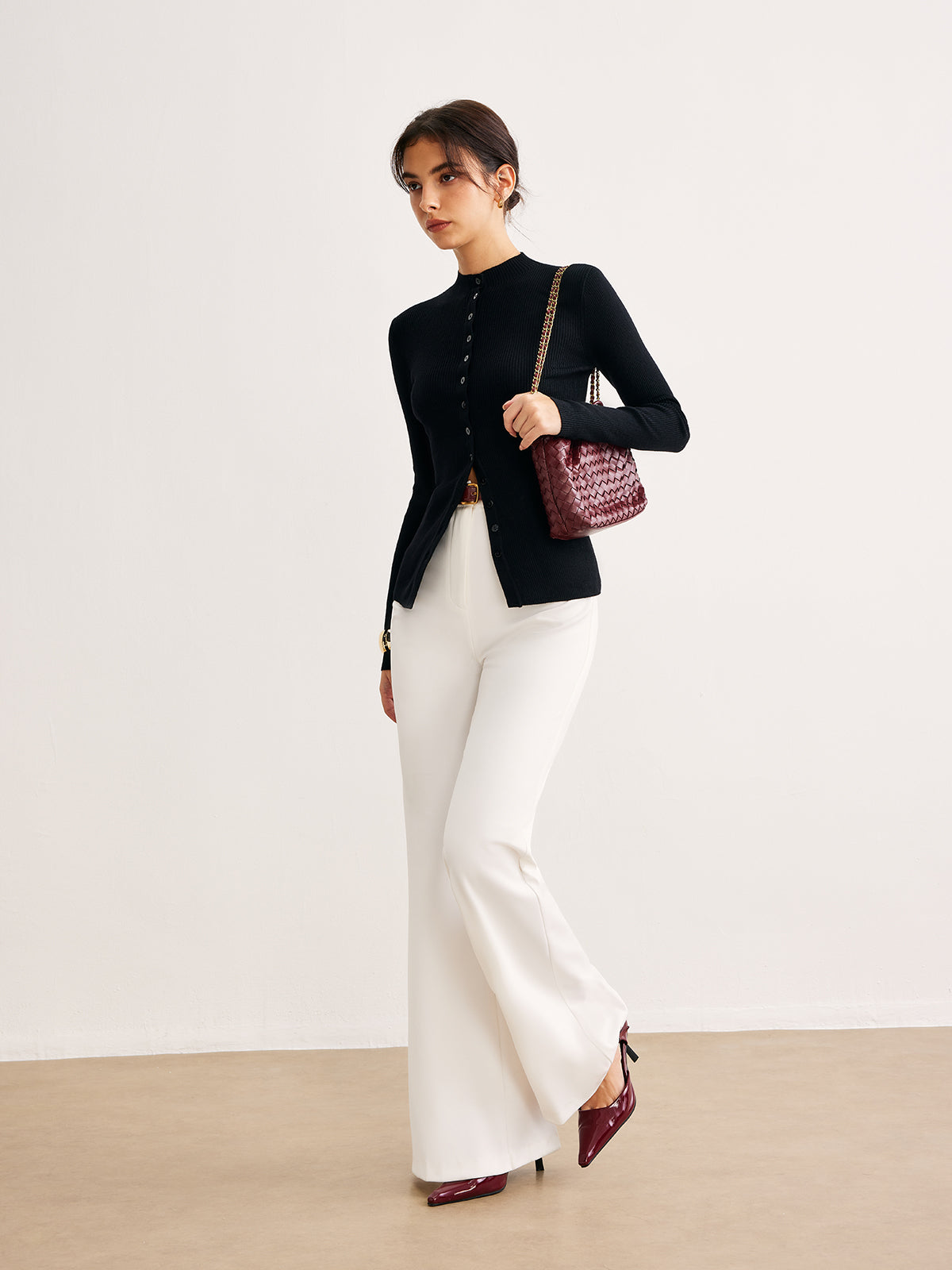 Button Down Skinny Knit Top-Chicvia