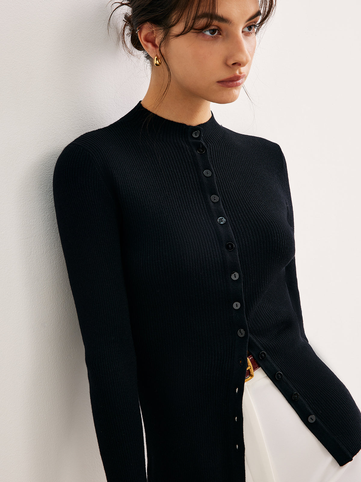 Button Down Skinny Knit Top-Chicvia