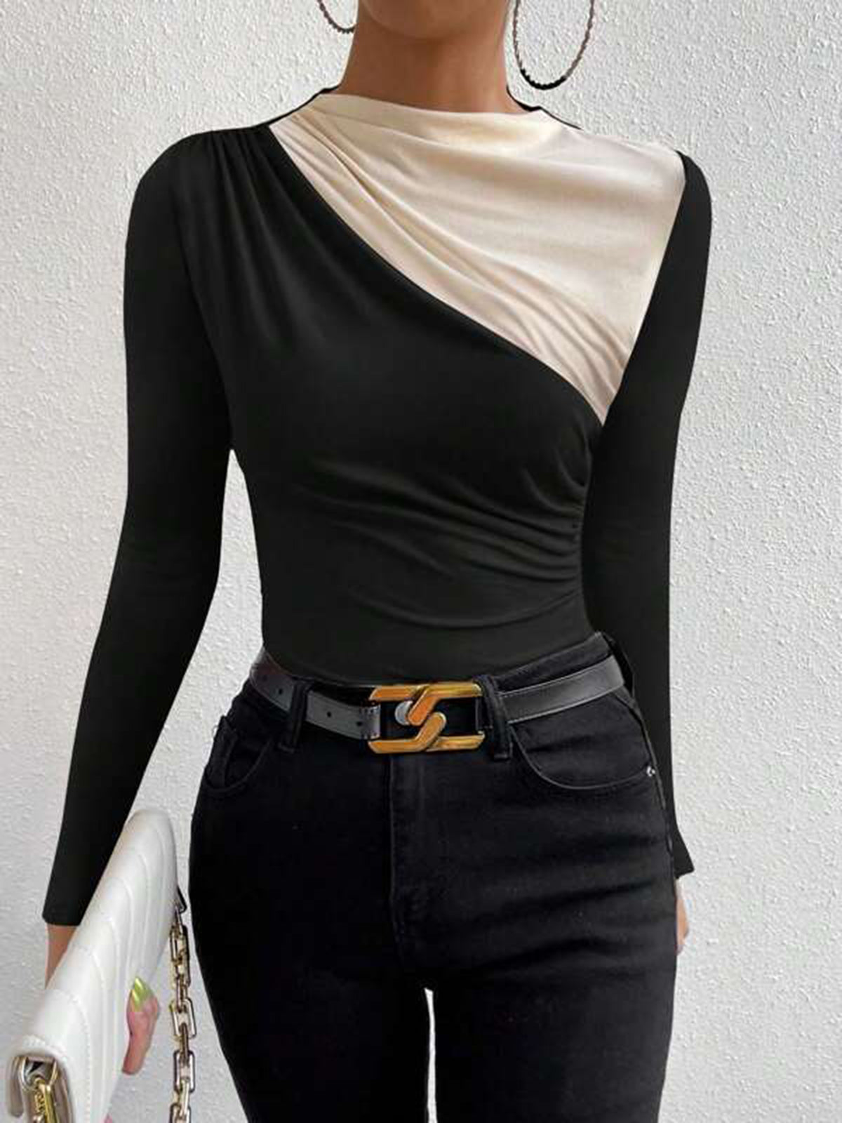 Color Block Long Sleeve T-Shirt-Chicvia