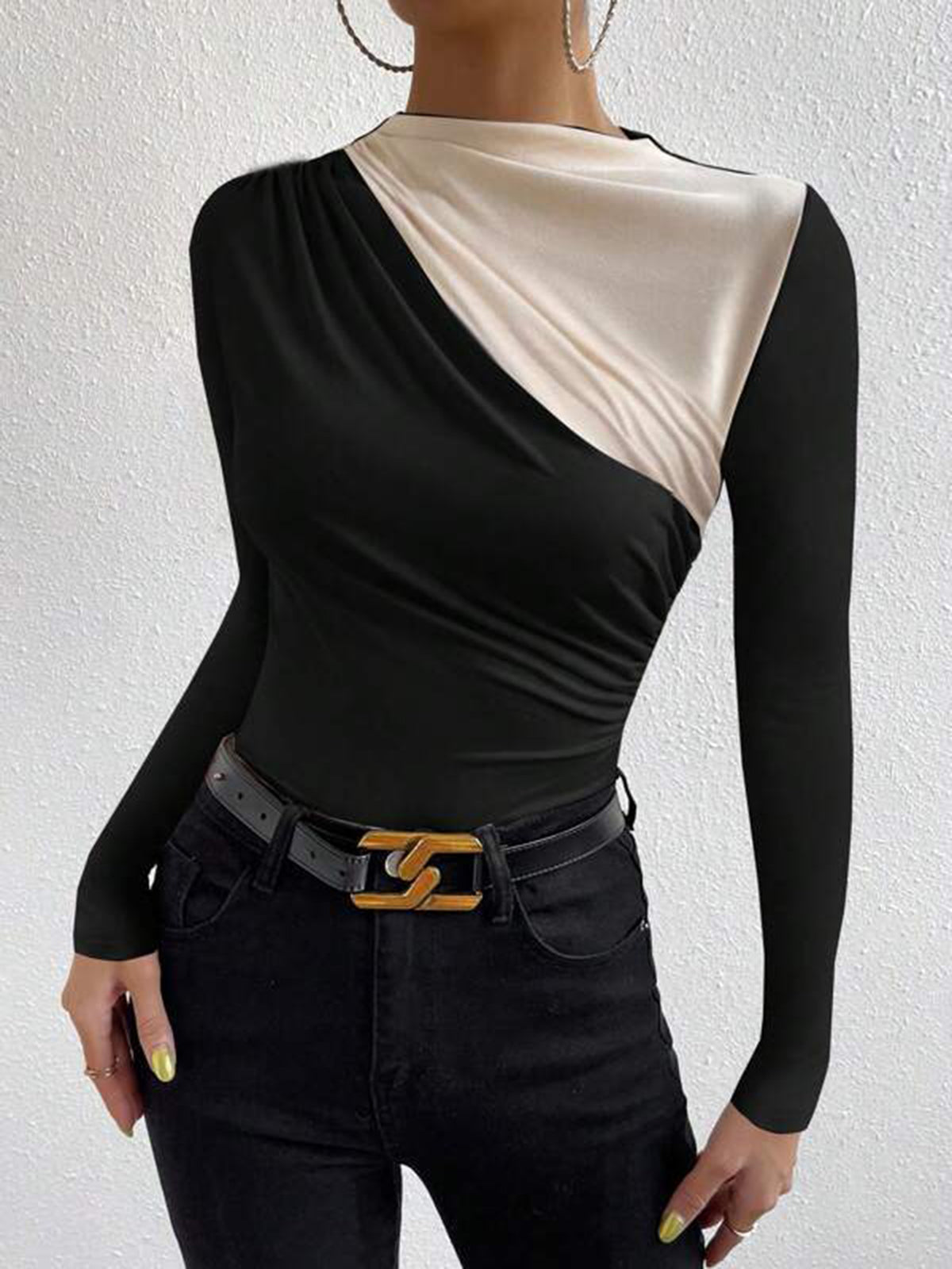 Color Block Long Sleeve T-Shirt-Chicvia