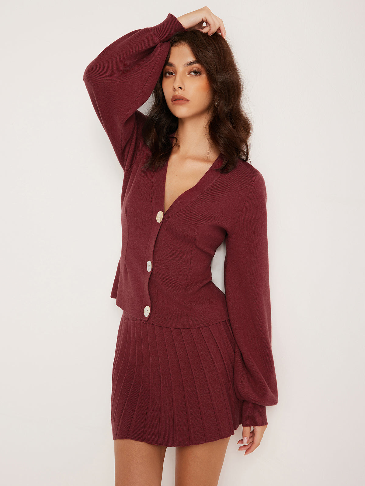 Lantern Sleeve Button Cardigan-Chicvia