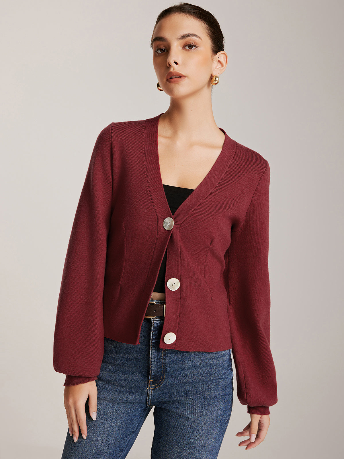 Lantern Sleeve Button Cardigan-Chicvia