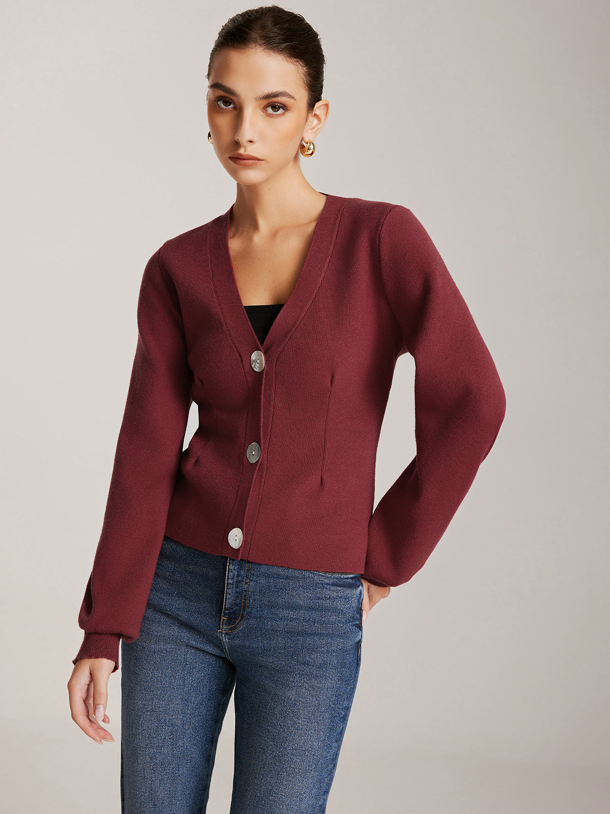 Lantern Sleeve Button Cardigan-Chicvia