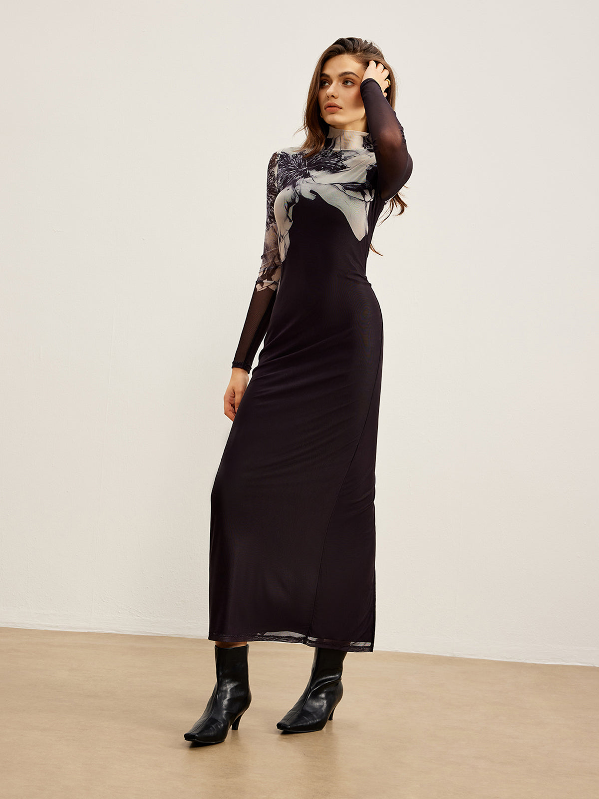 Mock Neck Printed Mesh Dress-Chicvia
