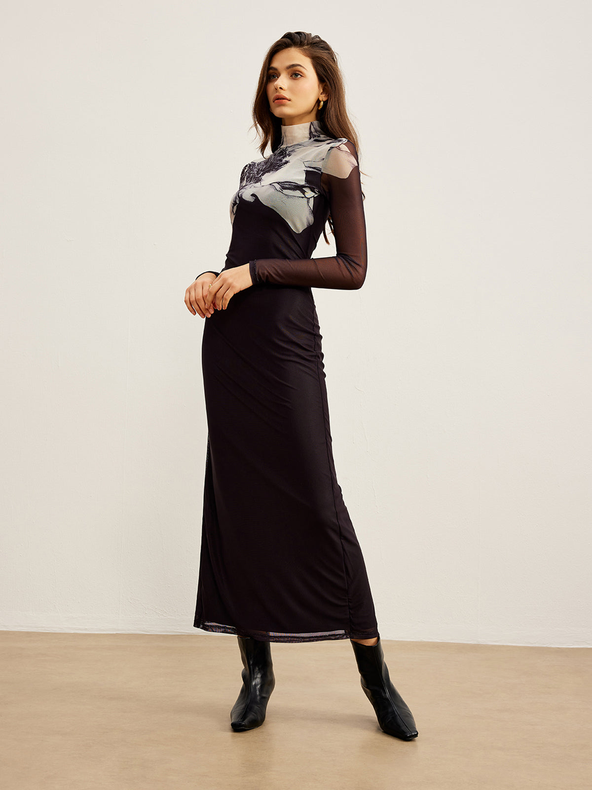 Mock Neck Printed Mesh Dress-Chicvia