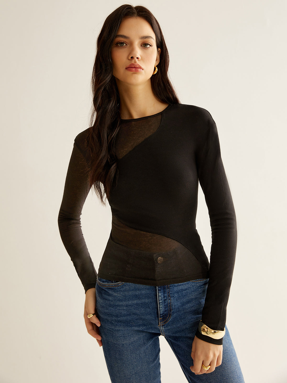 Plain Jersey Sheer Panel T-Shirt-Chicvia