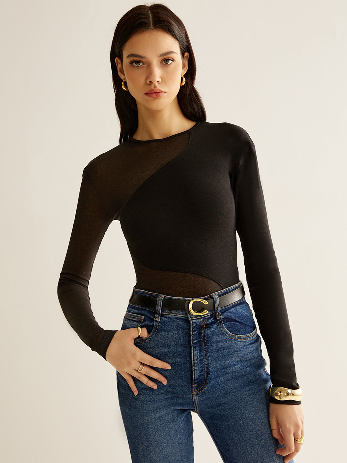 Plain Jersey Sheer Panel T-Shirt-Chicvia
