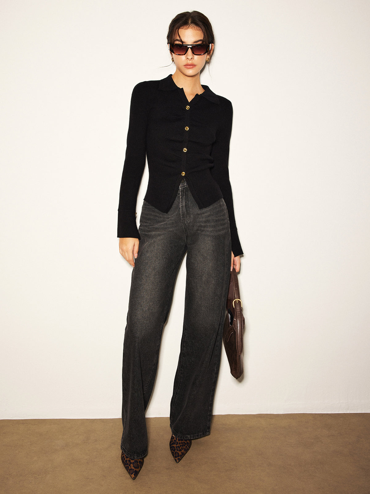 Button Split Slim Polo Sweater-Chicvia