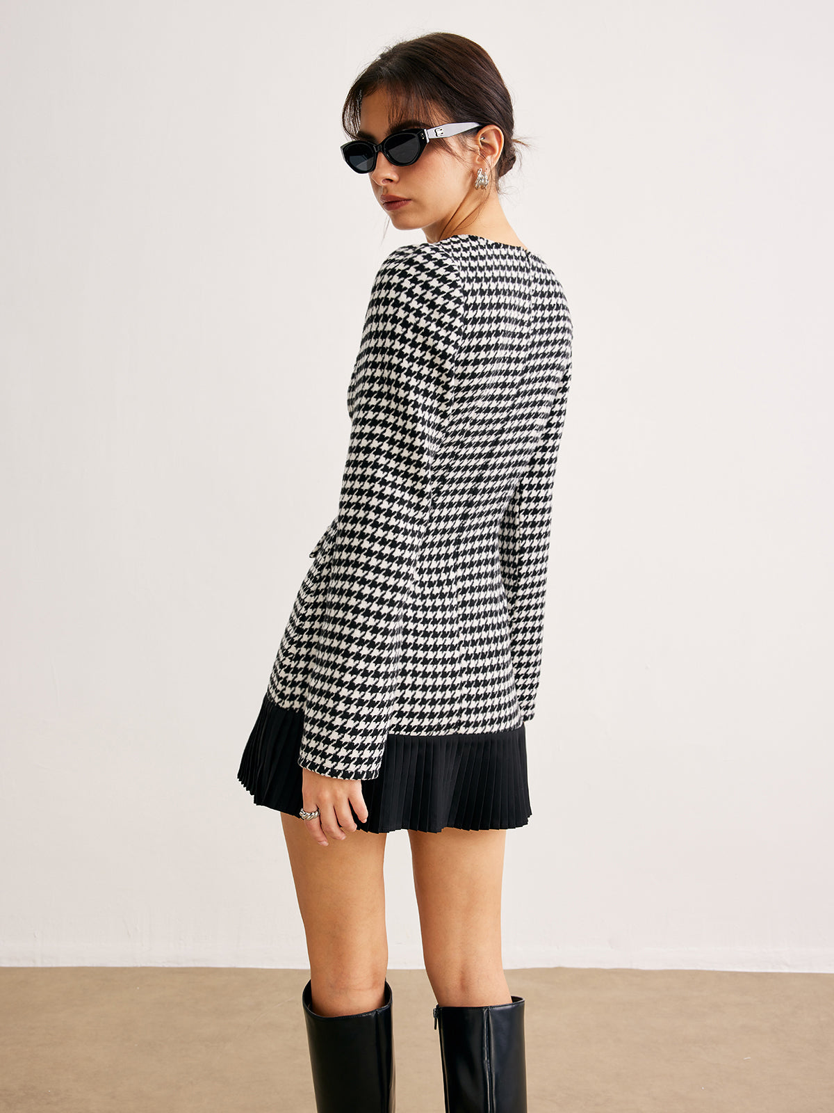 Houndstooth Panel Short Dress-Chicvia