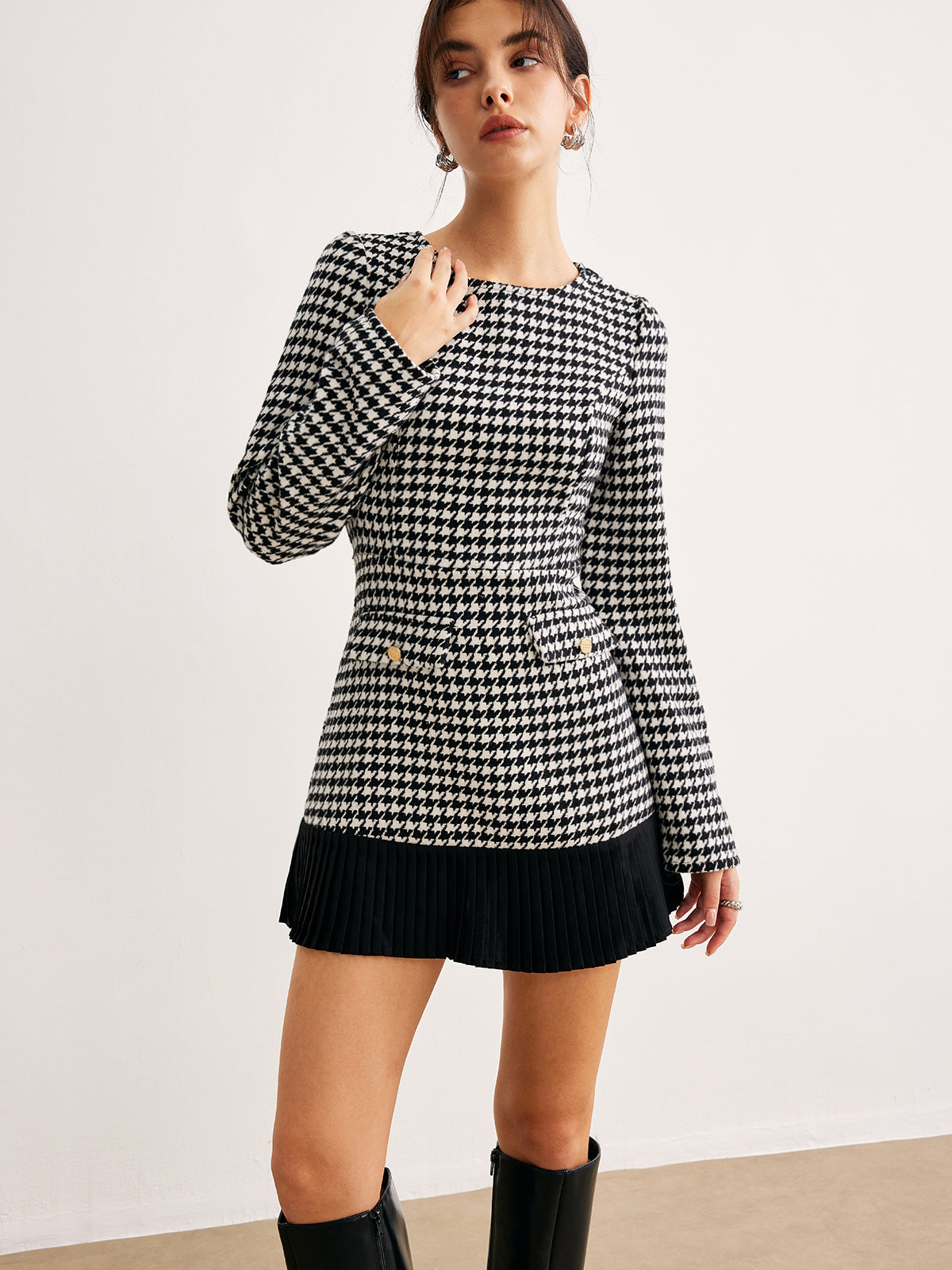 Houndstooth Panel Short Dress-Chicvia