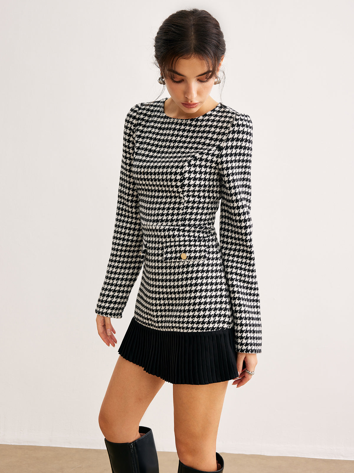 Houndstooth Panel Short Dress-Chicvia