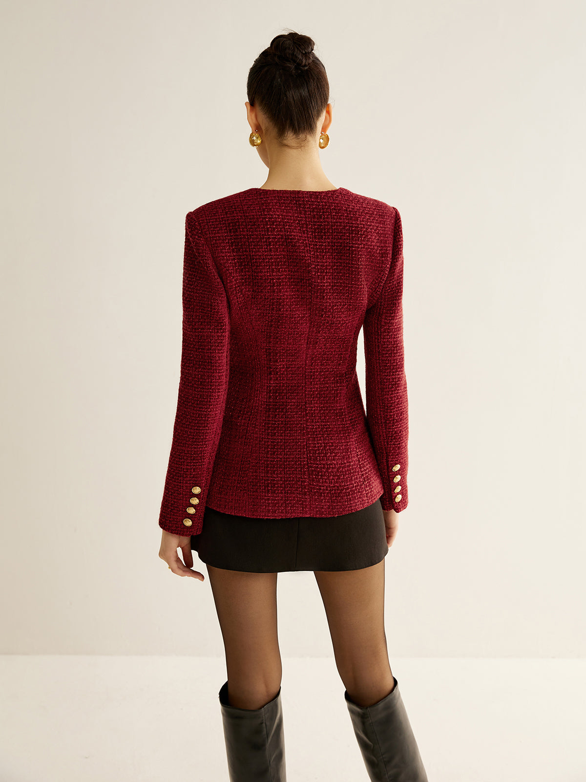 Button Down Slit Tweed Blazer-Chicvia