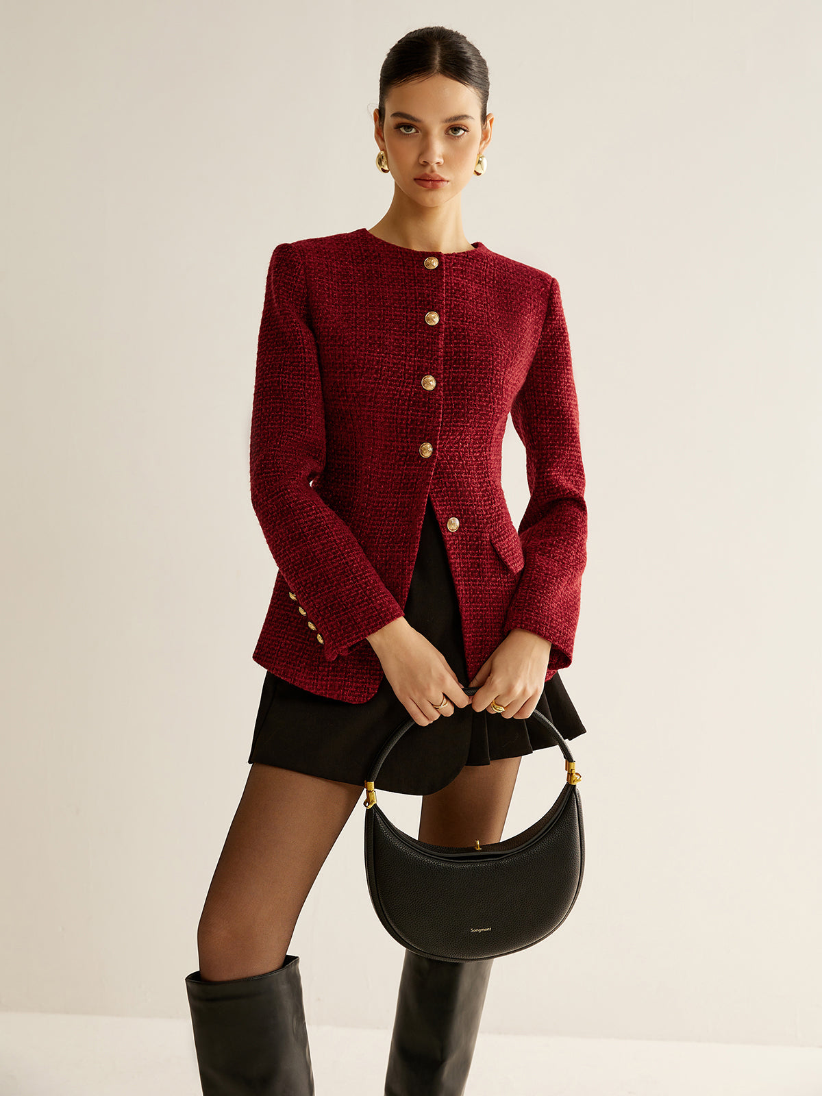 Button Down Slit Tweed Blazer-Chicvia