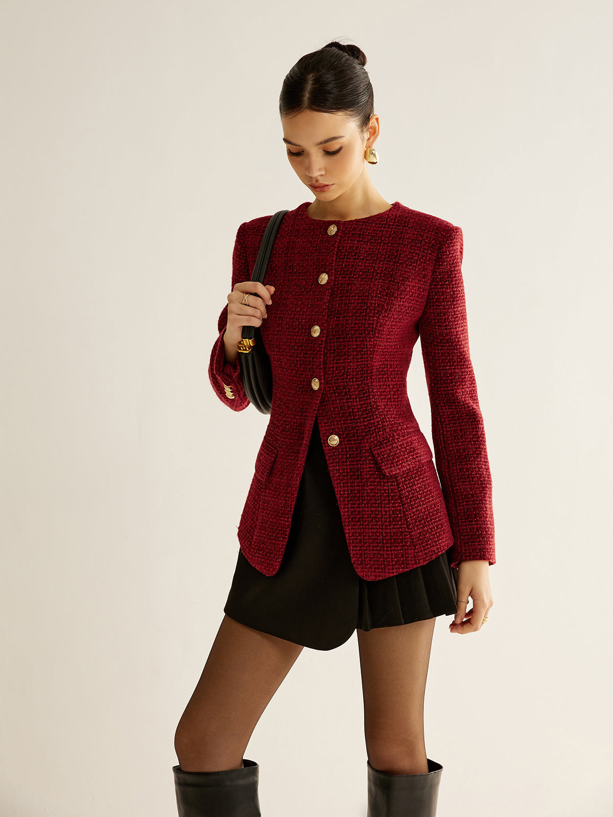 Button Down Slit Tweed Blazer-Chicvia