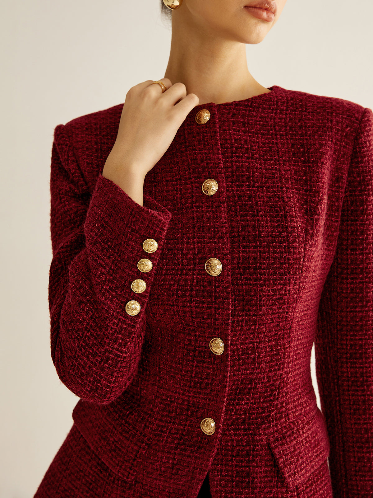 Button Down Slit Tweed Blazer-Chicvia