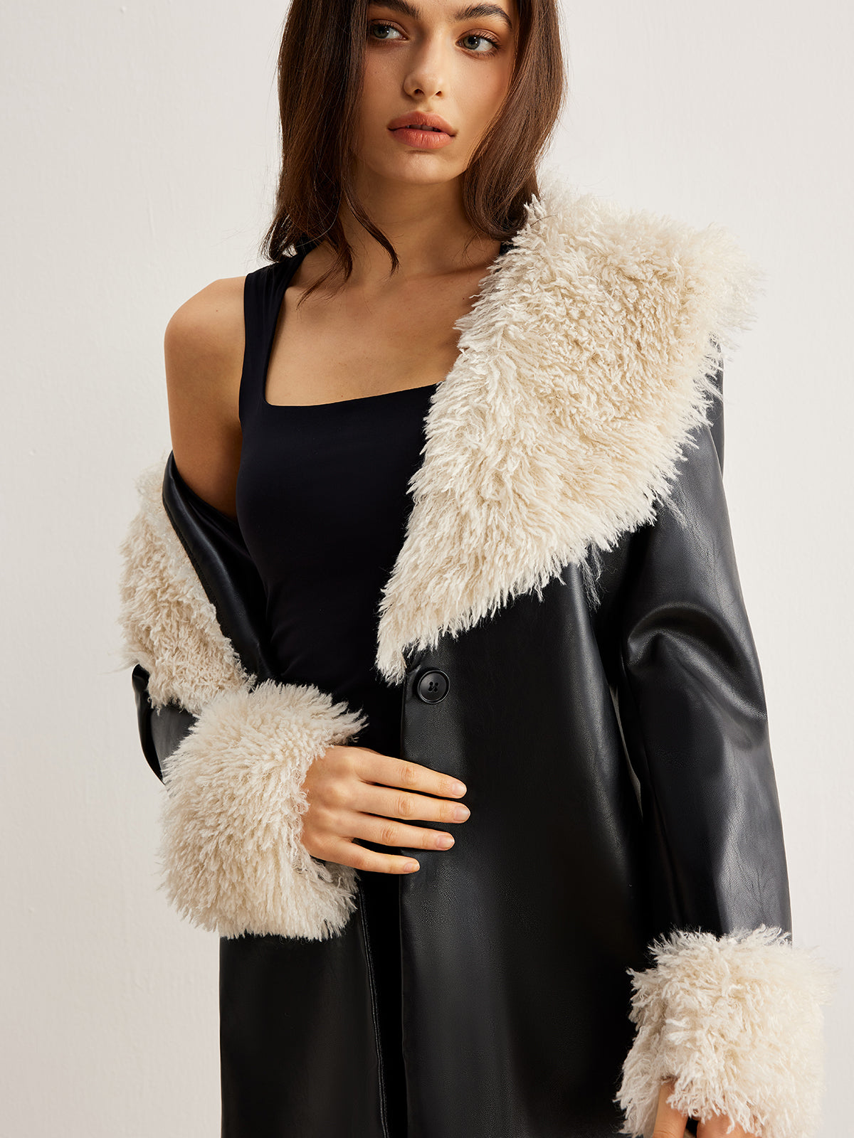 Feather Collar Faux Leather Jacket Without Belt-Chicvia