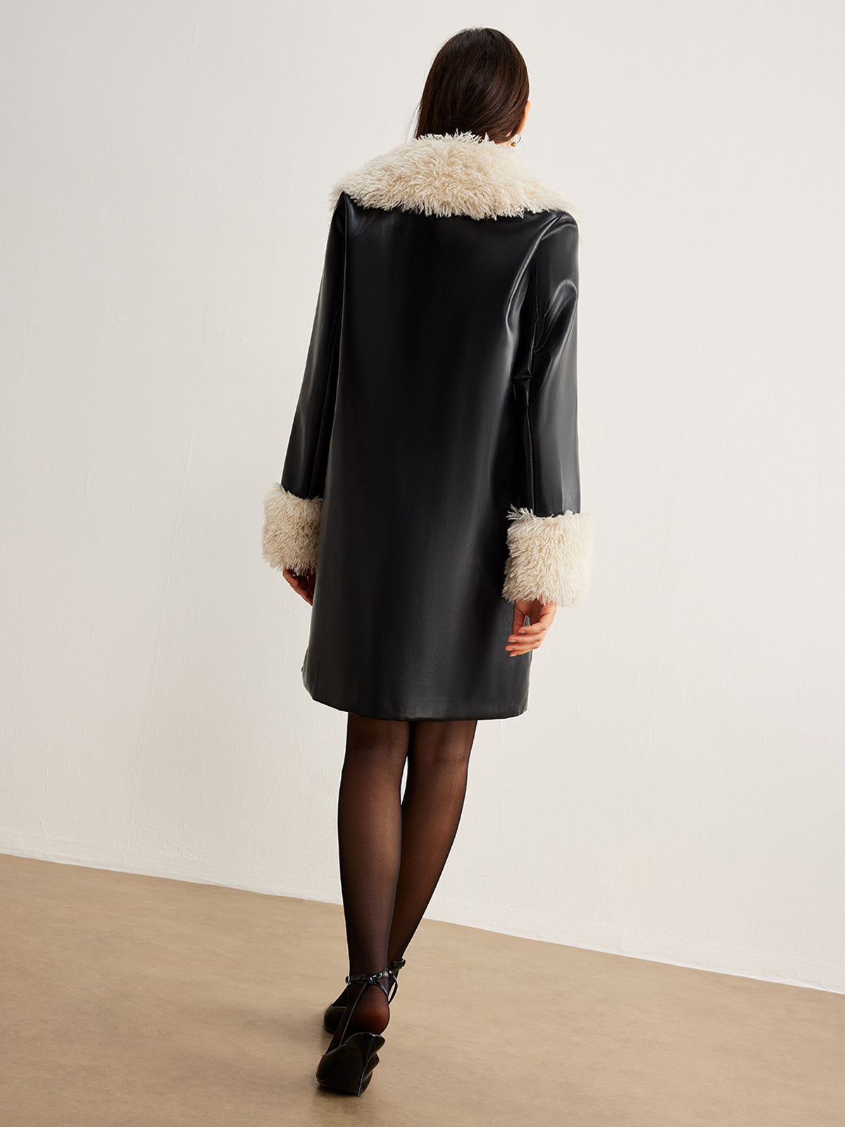 Feather Collar Faux Leather Jacket Without Belt-Chicvia