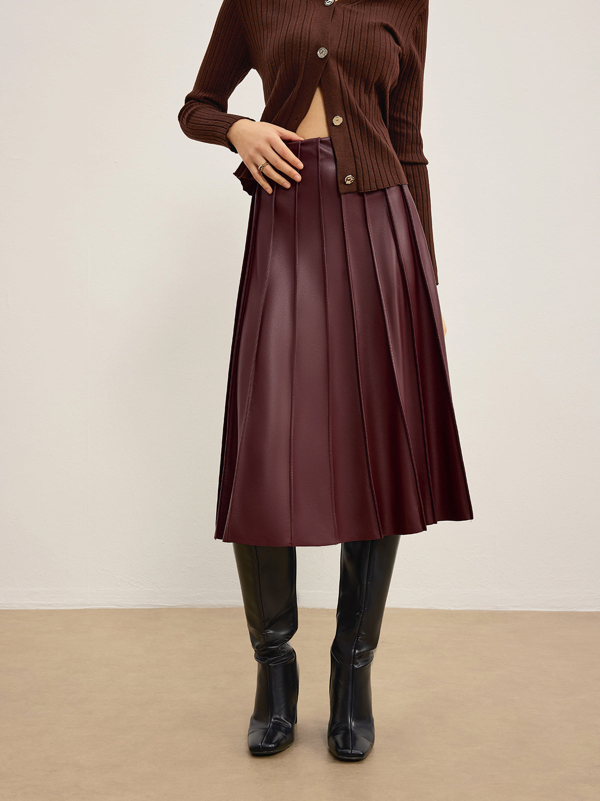 Faux Leather Pleated Midi Skirt-Chicvia