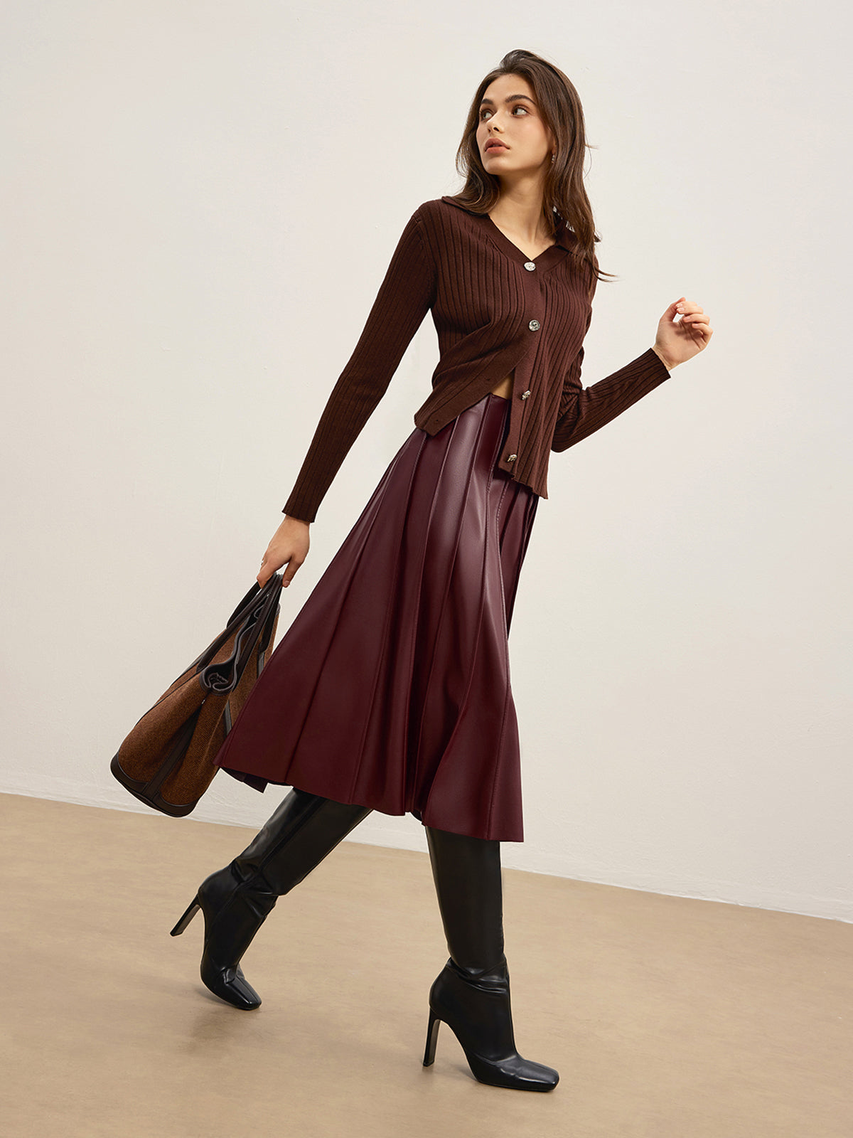 Faux Leather Pleated Midi Skirt-Chicvia