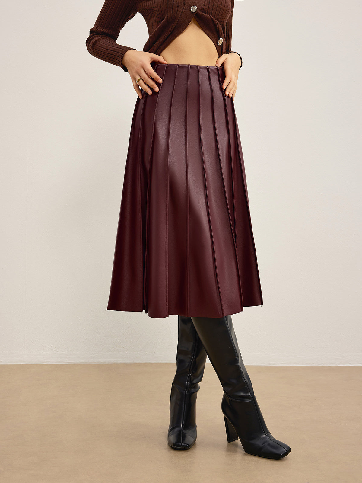 Faux Leather Pleated Midi Skirt-Chicvia