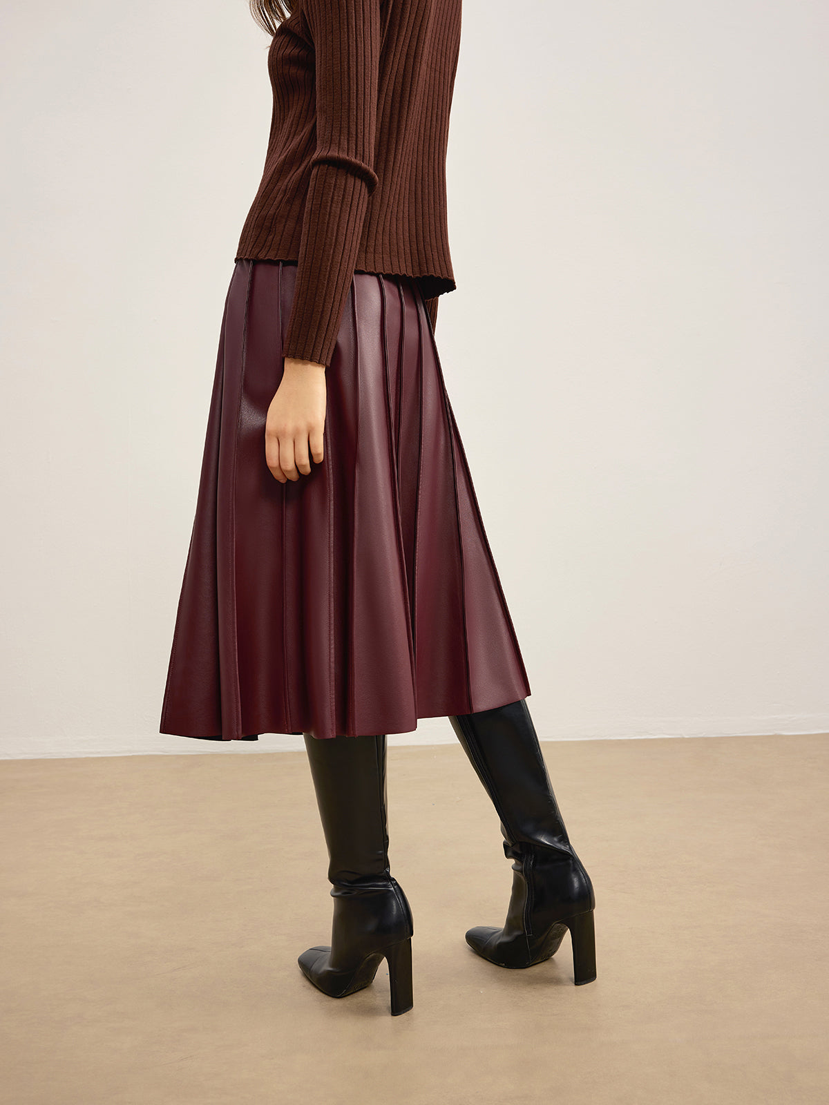 Faux Leather Pleated Midi Skirt-Chicvia