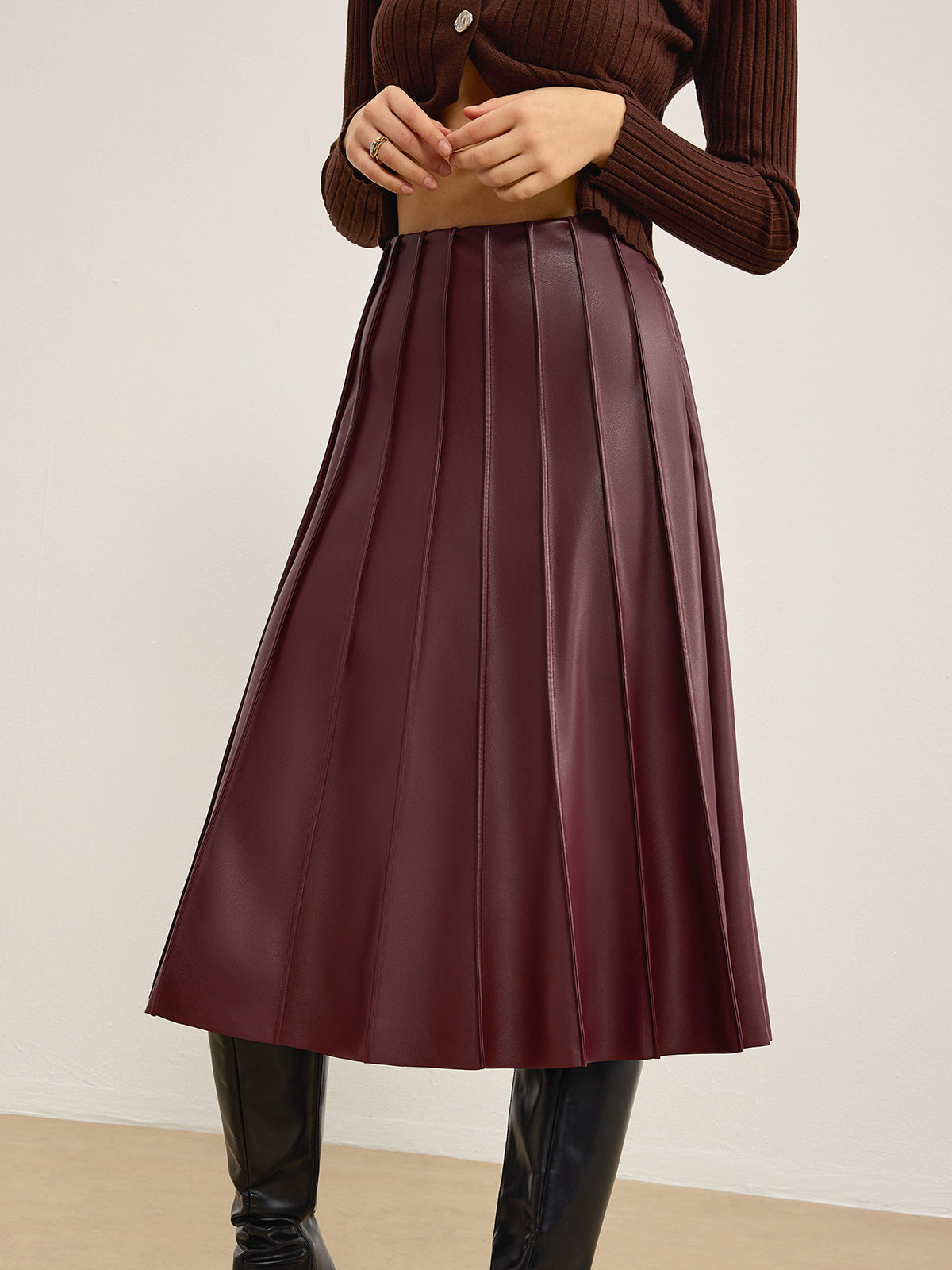 Faux Leather Pleated Midi Skirt-Chicvia