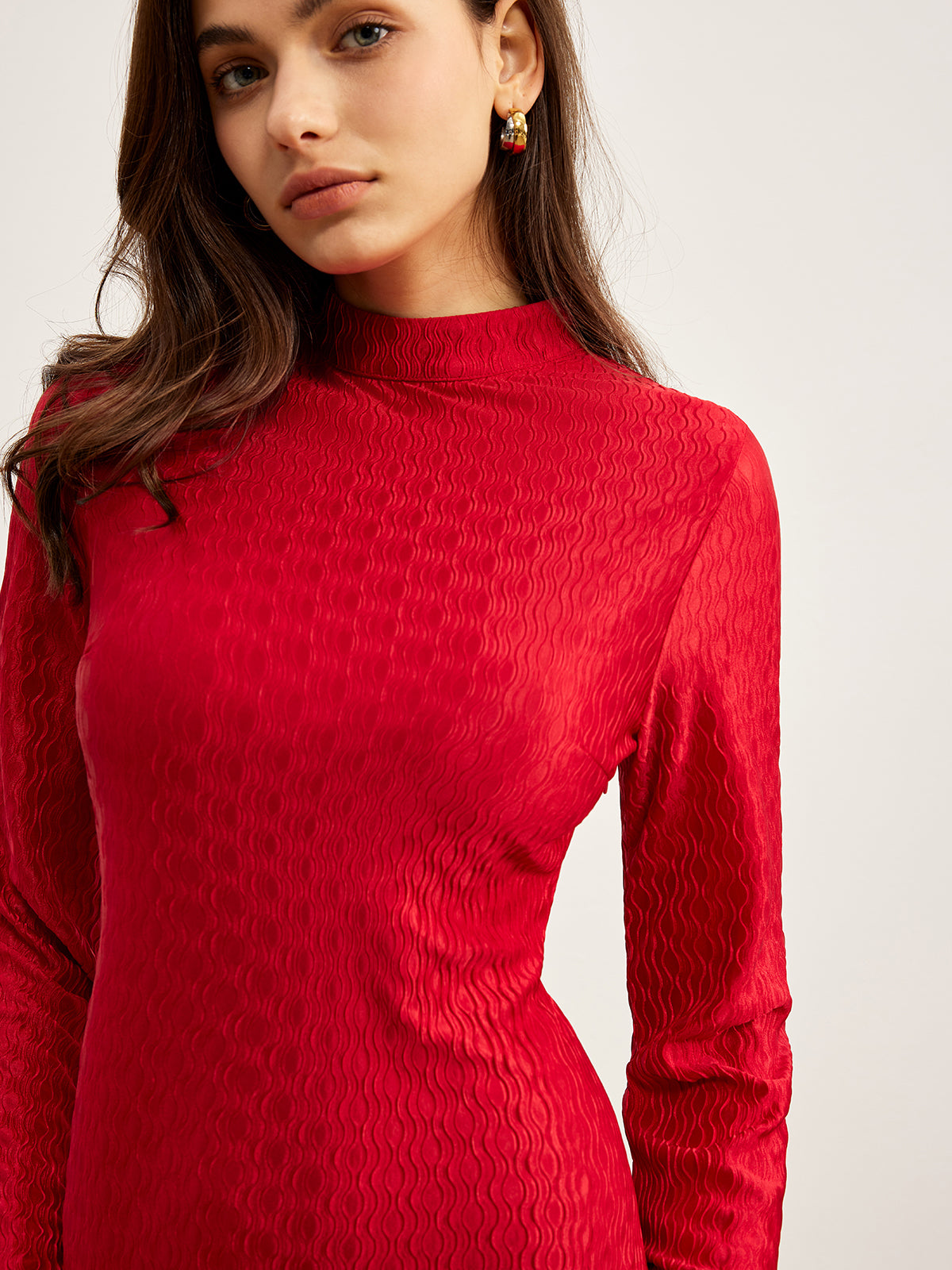 Mock Neck Textured Dress-Chicvia