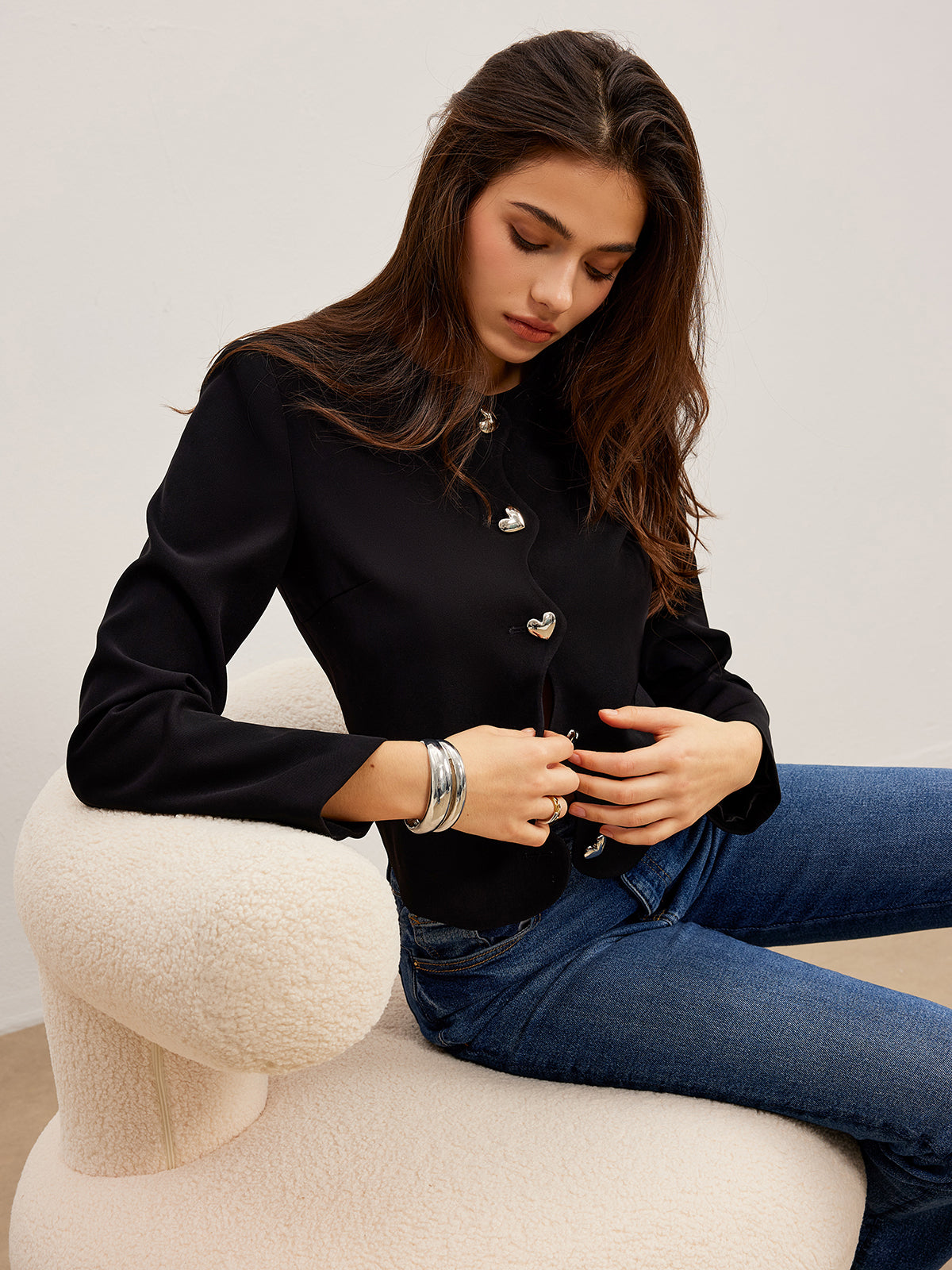 Heart-Button Regular Fit Jacket-Chicvia