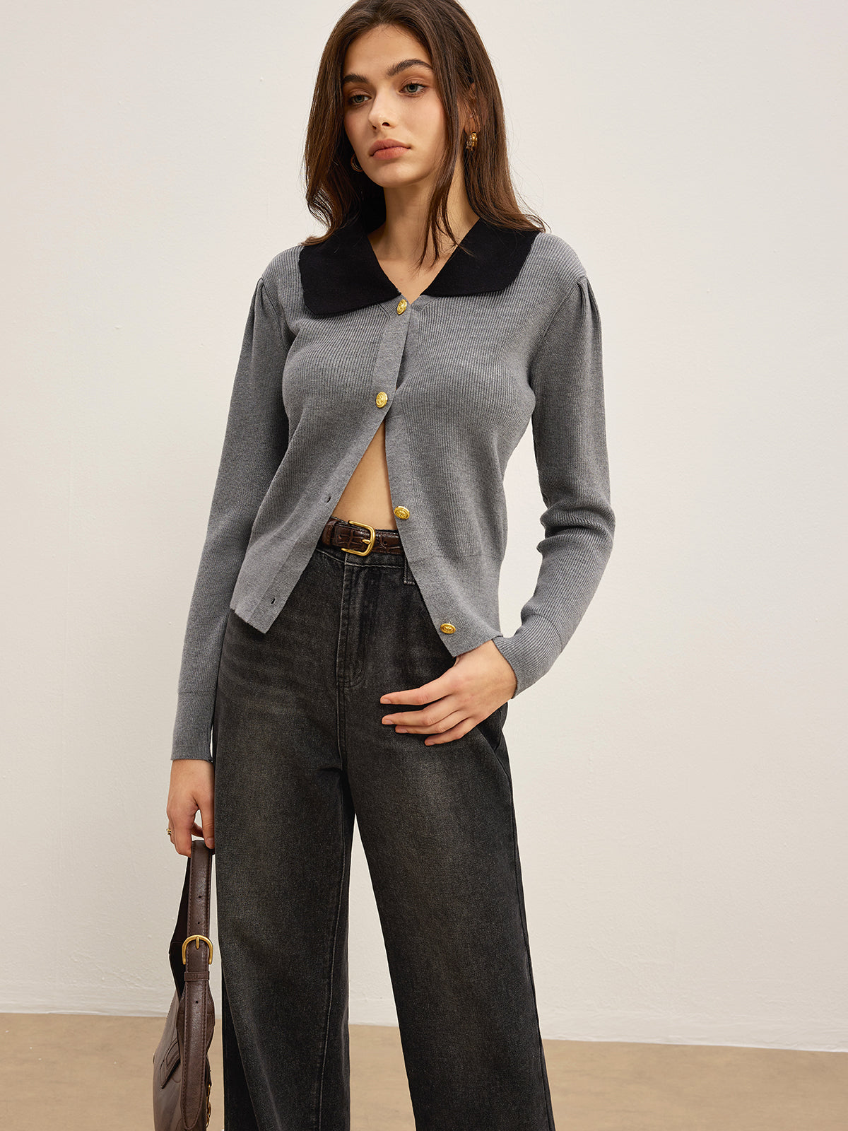 Contrast Collar Slim Button Cardigan-Chicvia