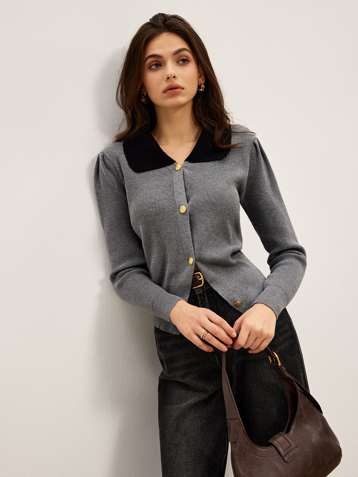 Contrast Collar Slim Button Cardigan-Chicvia