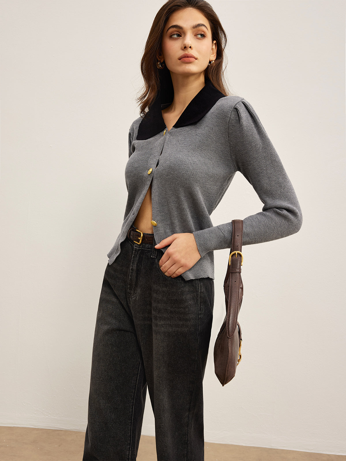 Contrast Collar Slim Button Cardigan-Chicvia