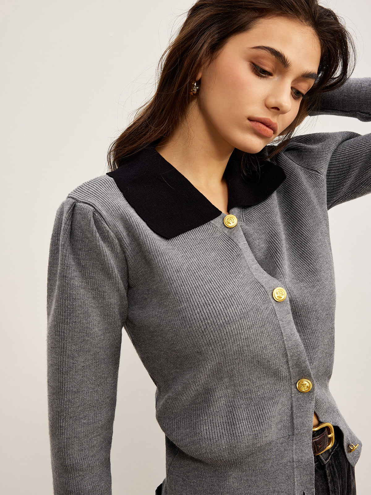 Contrast Collar Slim Button Cardigan-Chicvia