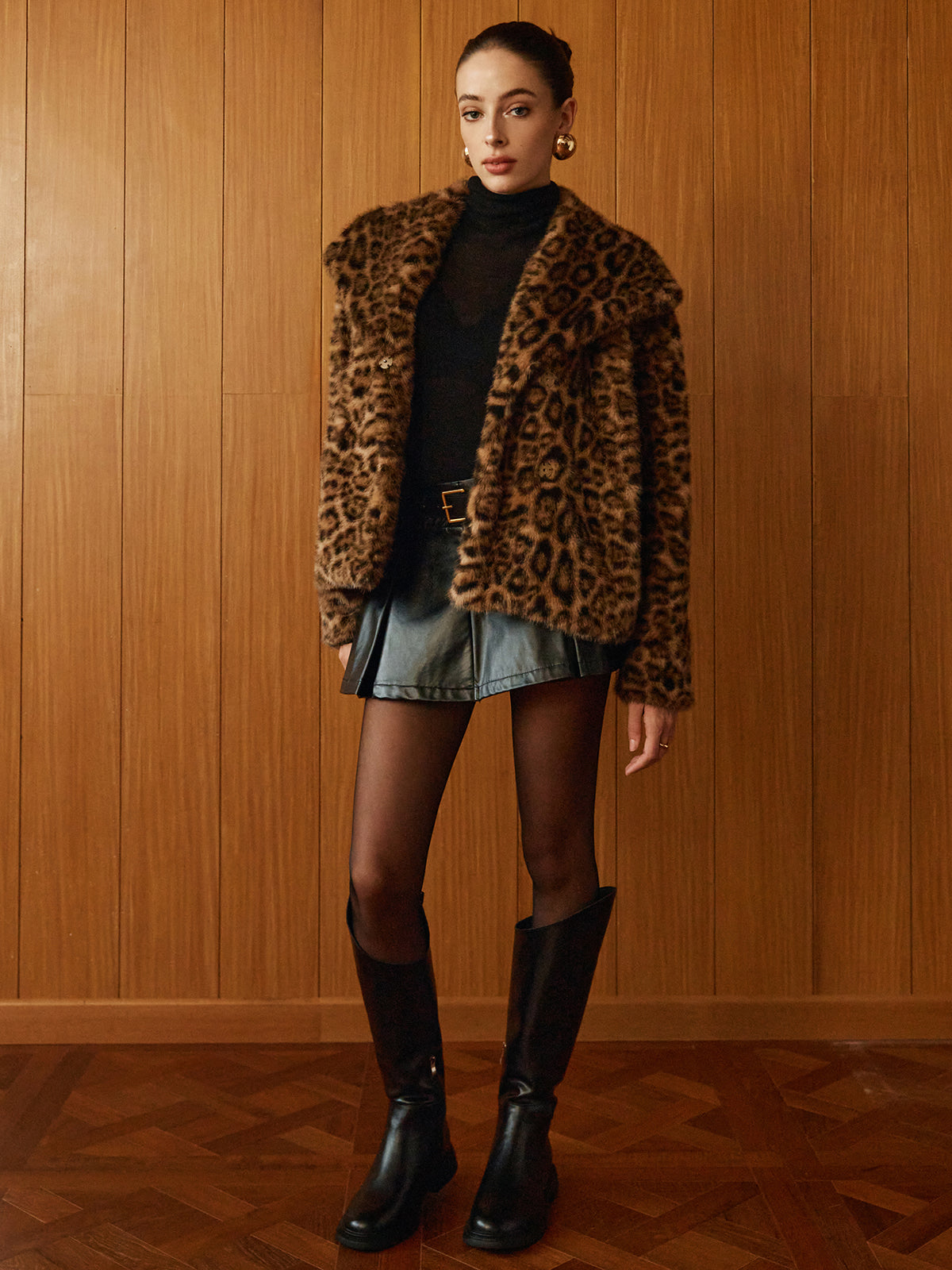 Leopard Printed Faux Fur Warm Coat-Chicvia