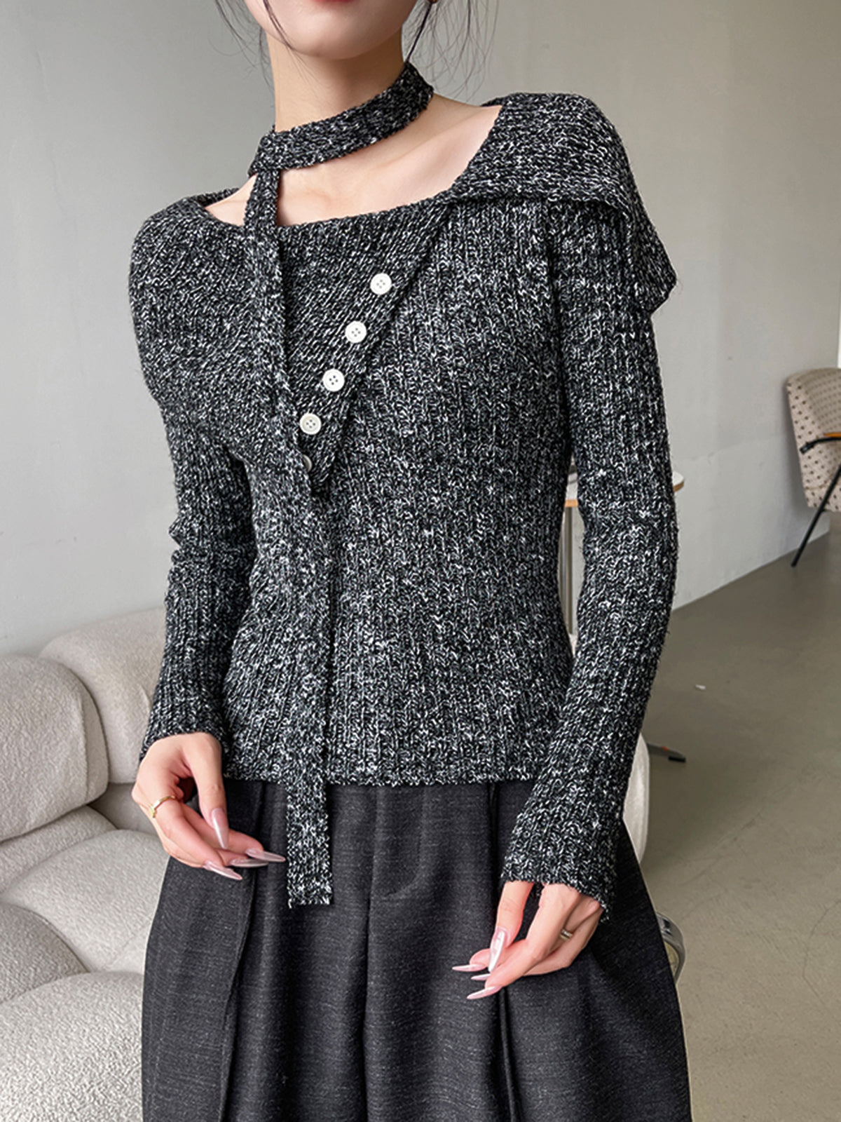 Button Decor Belted Sweater-Chicvia