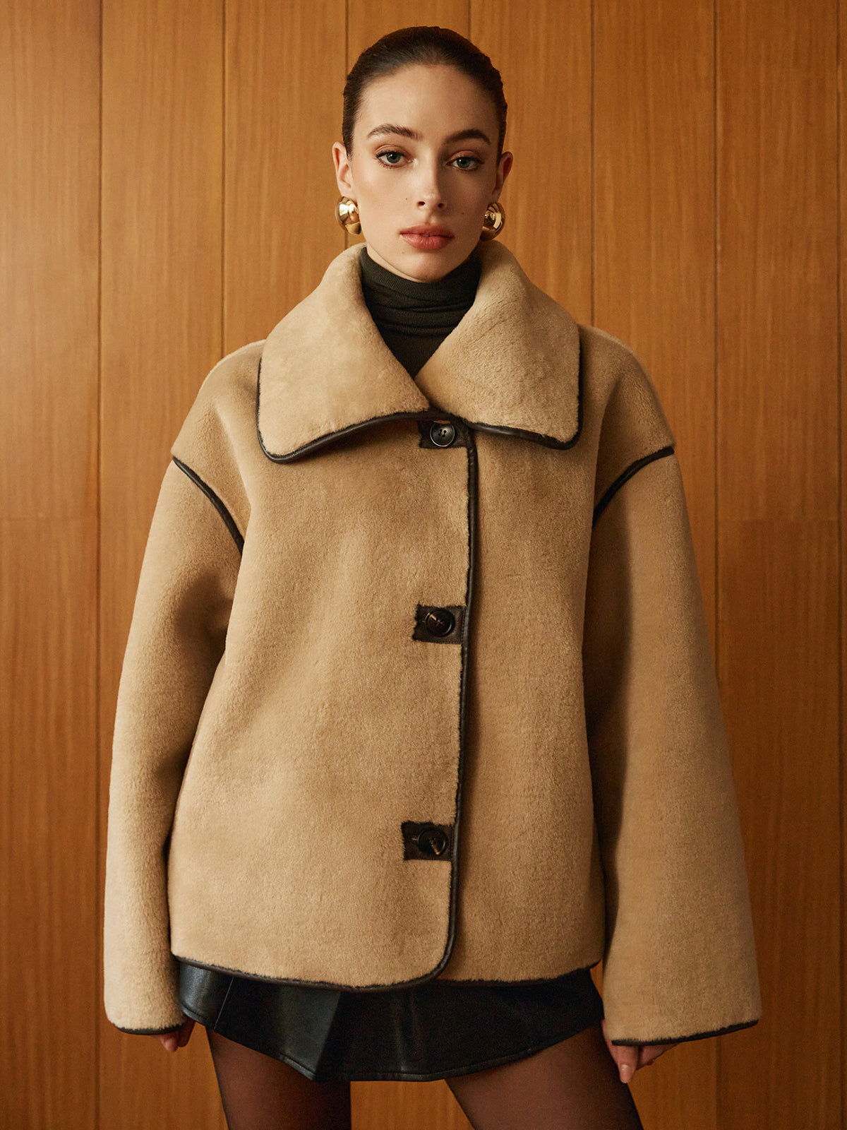 Contrast Piping Shift Minky Coat-Chicvia