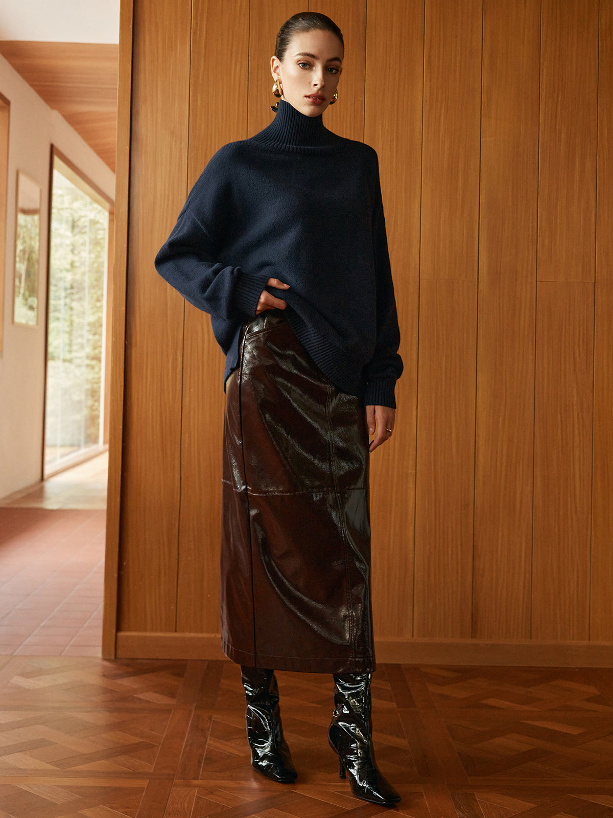 Pocket Split Faux Leather Skirt-Chicvia