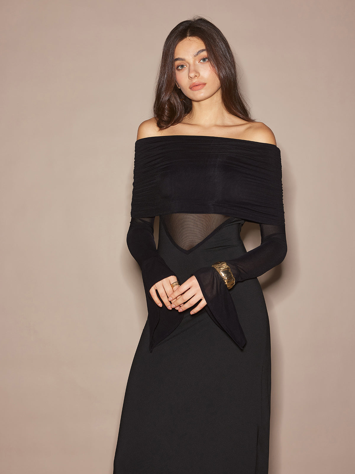 Off-Shoulder Sheer Panel Dress-Chicvia