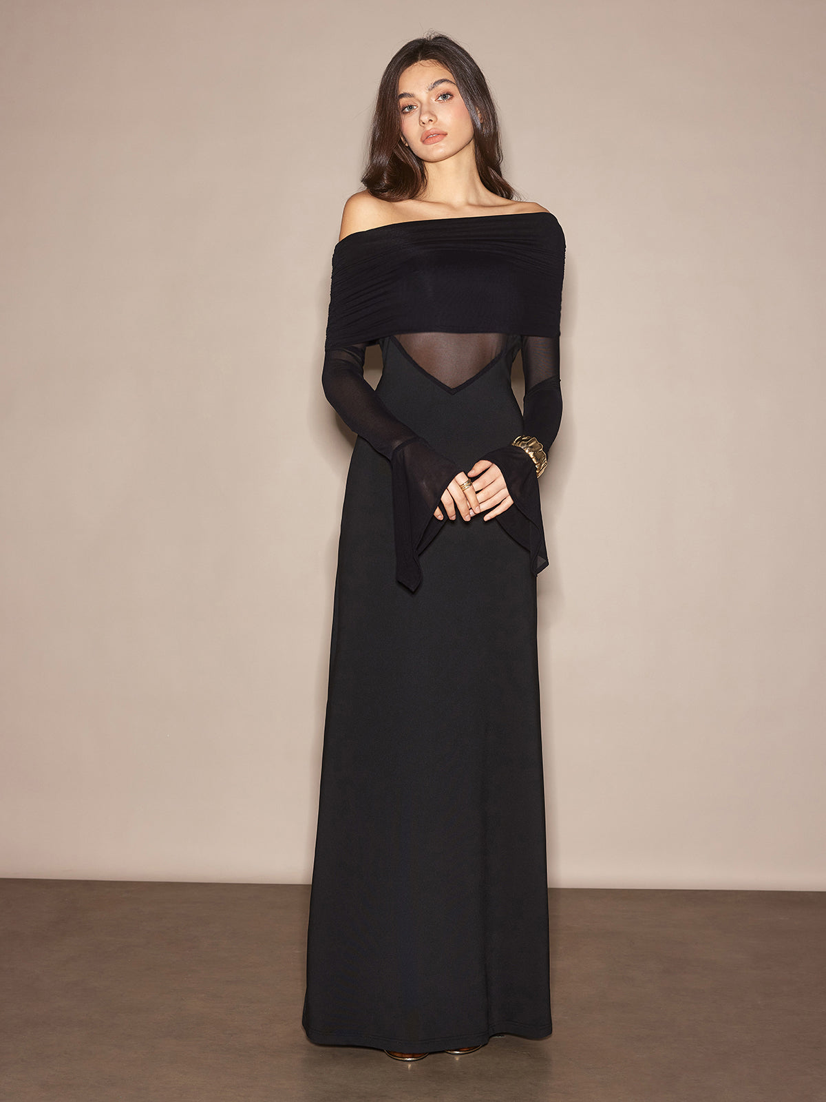 Off-Shoulder Sheer Panel Dress-Chicvia