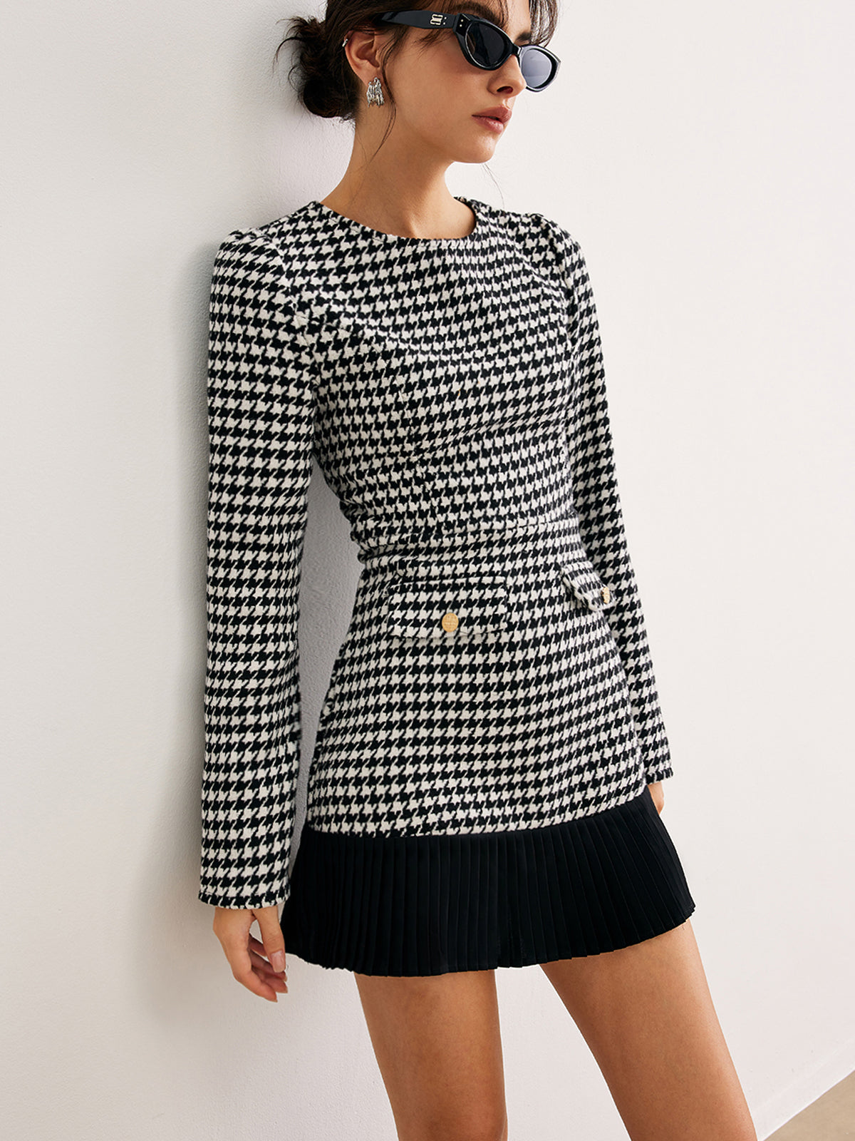 Houndstooth Panel Short Dress-Chicvia