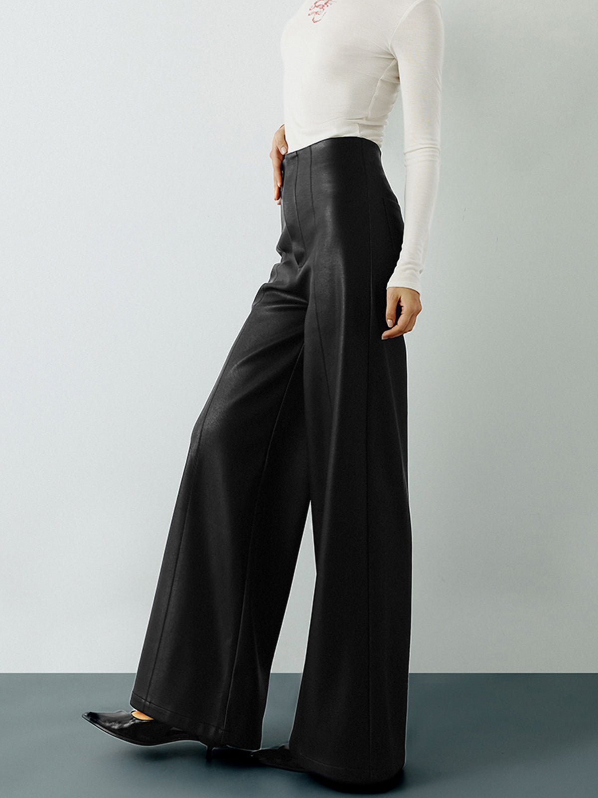 High-Wist PU Leather Wide-Leg Pants-Chicvia