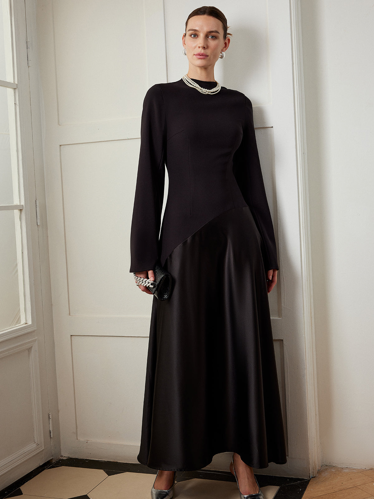 Plain Mock Neck Slim Panel Dress-Chicvia