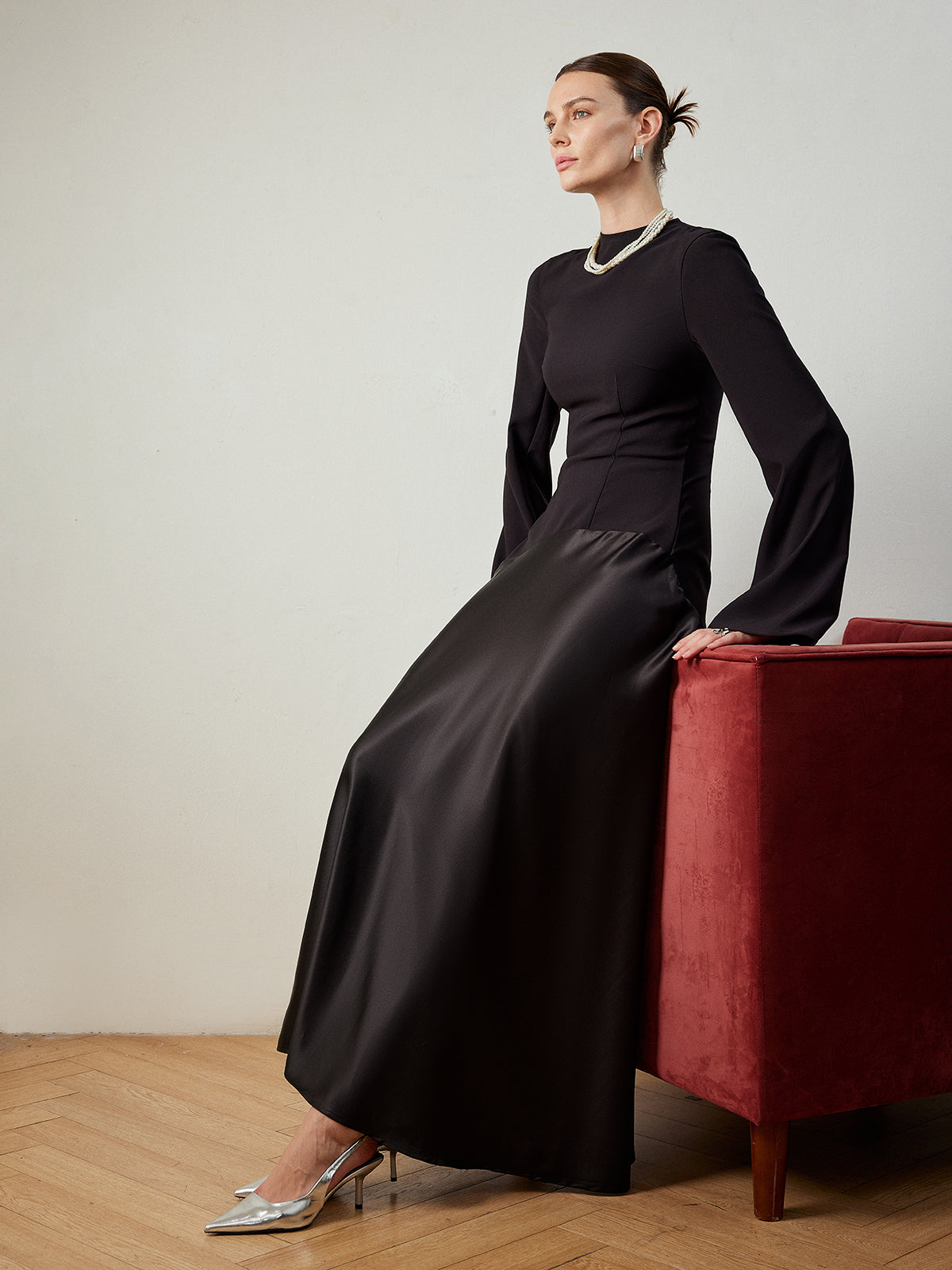 Plain Mock Neck Slim Panel Dress-Chicvia