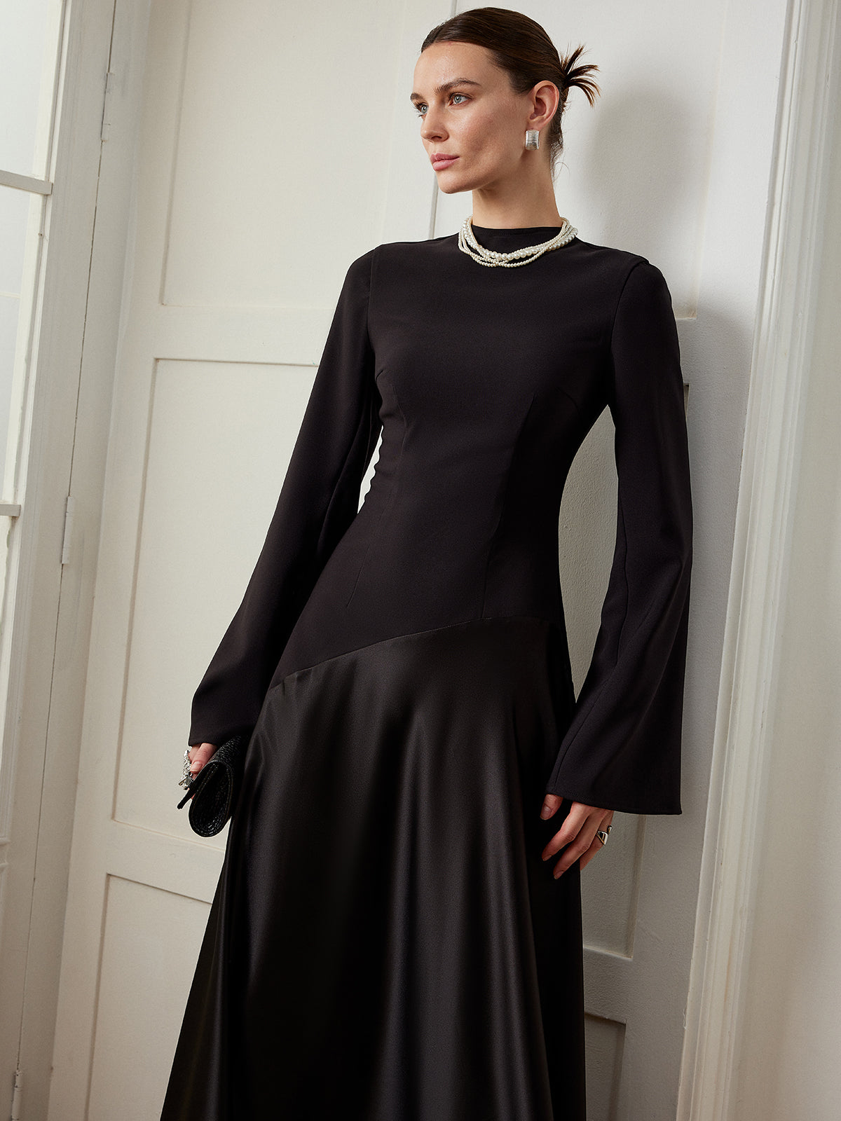 Plain Mock Neck Slim Panel Dress-Chicvia