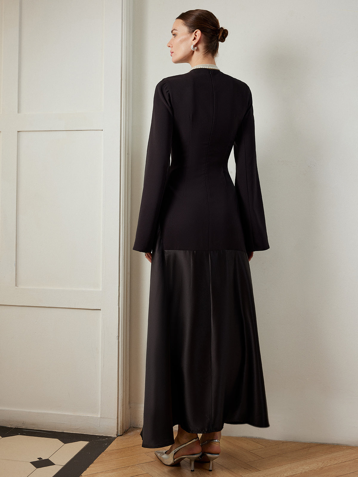 Plain Mock Neck Slim Panel Dress-Chicvia