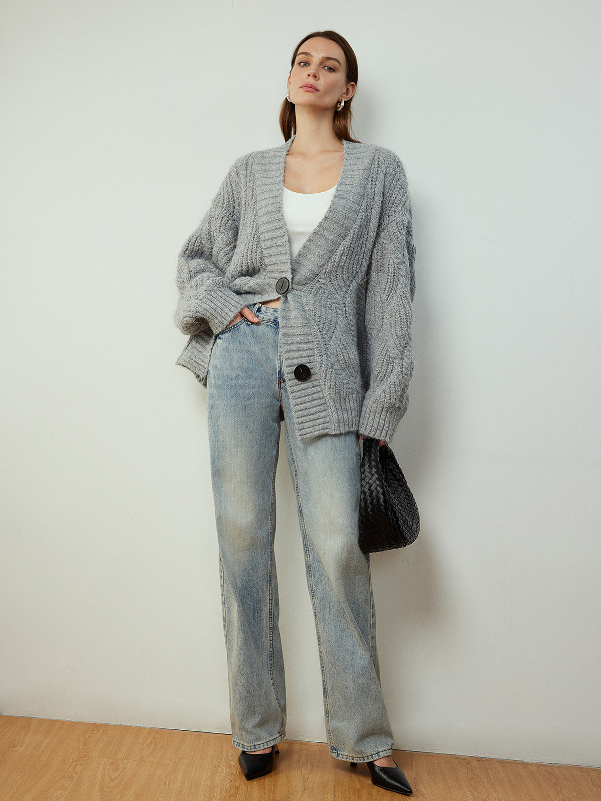 Cable-Knit Button Cardigan-Chicvia