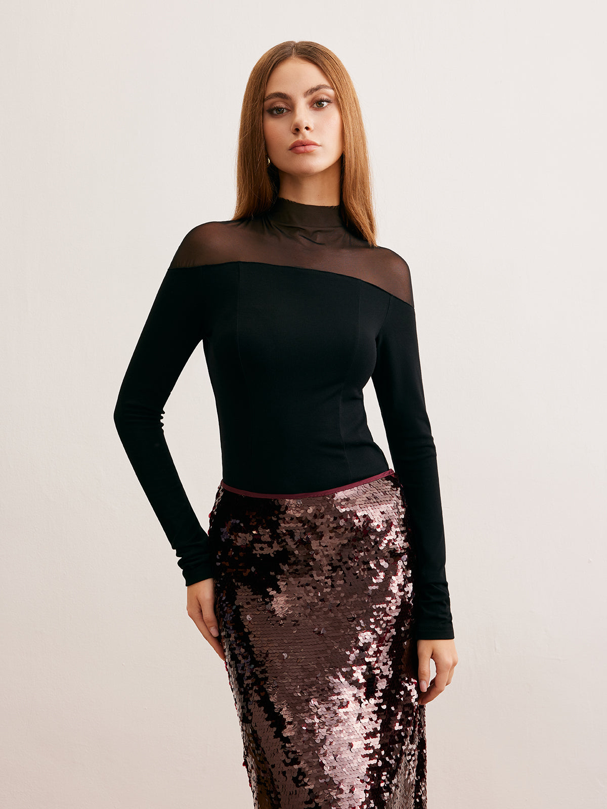 Mesh Panel Jersey Skinny T-Shirt-Chicvia