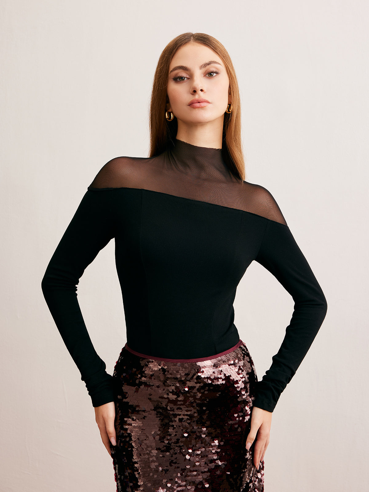 Mesh Panel Jersey Skinny T-Shirt-Chicvia