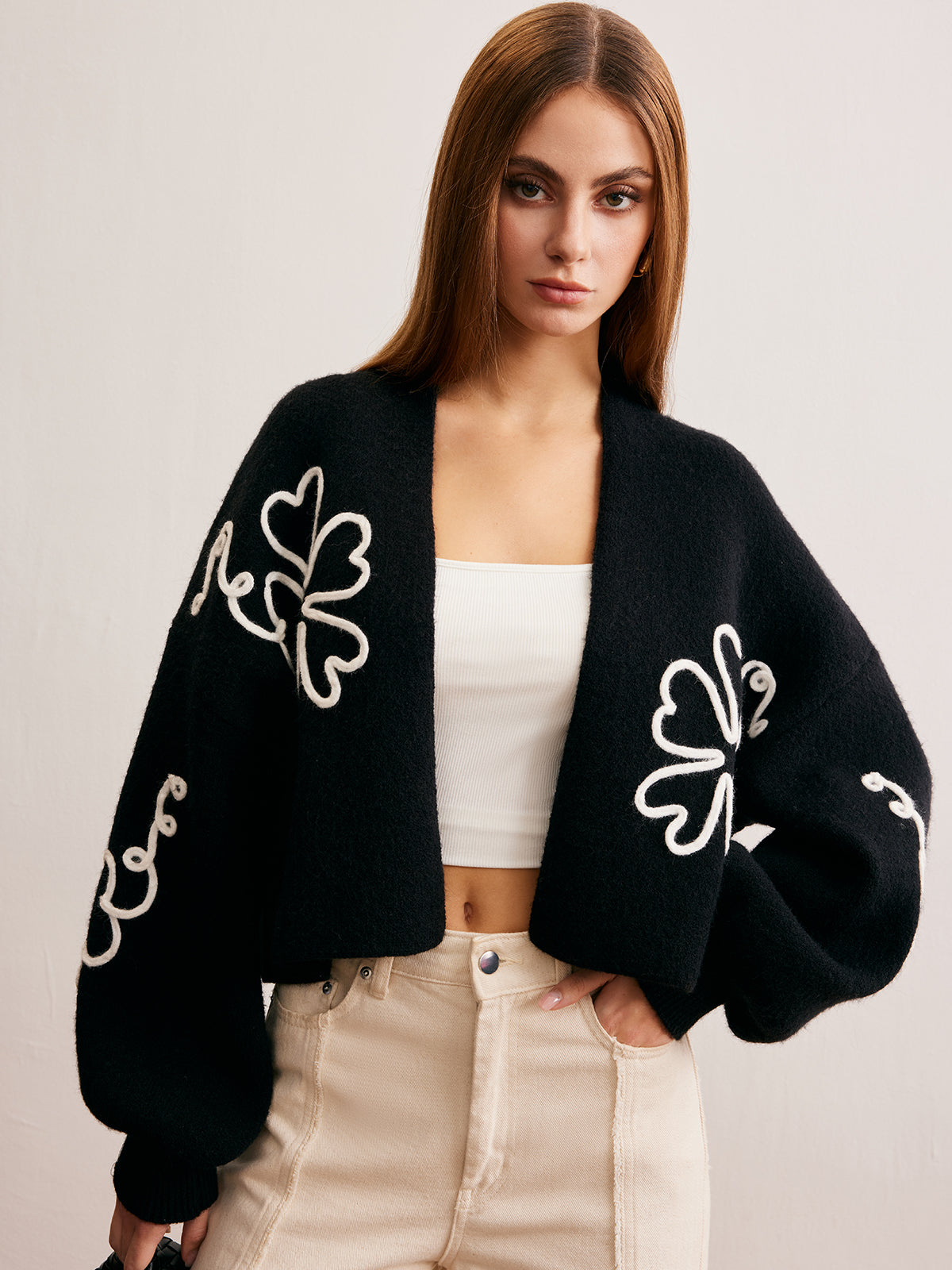 Knit-Floral Short Outerwear-Chicvia